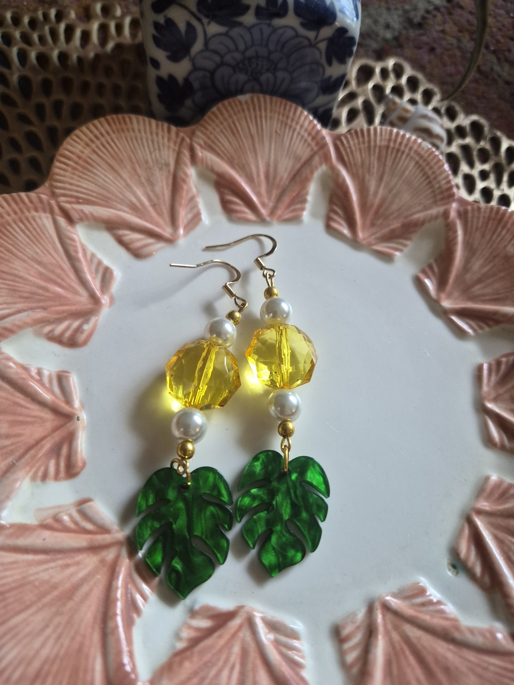 Green Leaf and Yellow Bead Drop Earrings - Unbranded